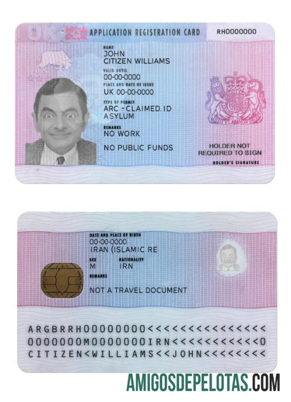 Cartão de registro de inscrição no Reino Unido exemplo